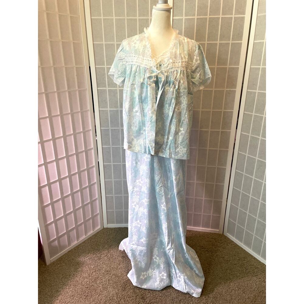 Vintage Sears Nursing Nightgown + Bed Jacket Set Blue Floral Lace Trim M Cottage